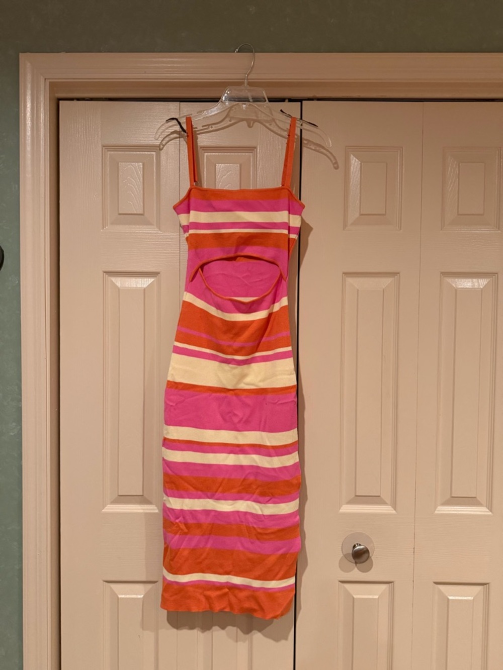 MARBLE Pink, Orange & Cream Striped Midi Dress Soft Cotton Knit